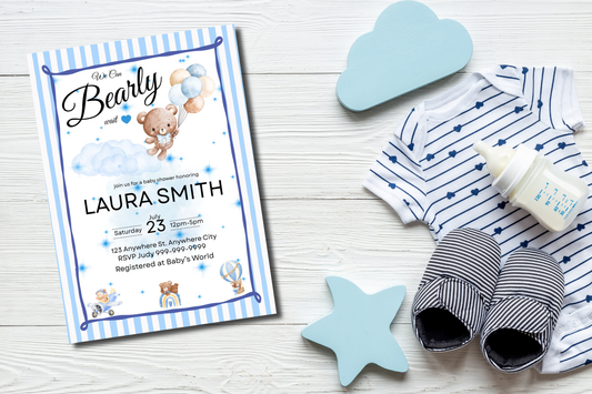 Editable Teddy Bear Baby Shower Invitation | We Can Bearly Wait Baby Boy Shower Invite | Blue Bear Baby Shower Template | Canva Pro