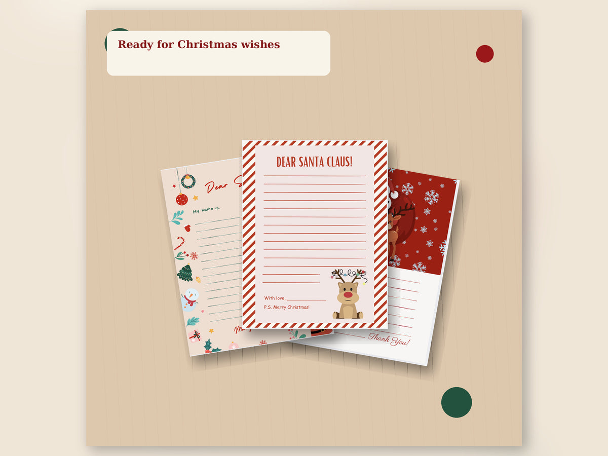 Three Christmas letter printables displayed in a layered paper mockup