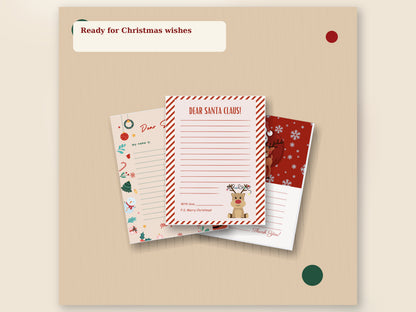 Three Christmas letter printables displayed in a layered paper mockup