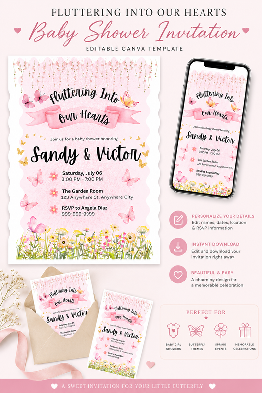 Fluttering Into Our Hearts Baby Shower Invitation Template