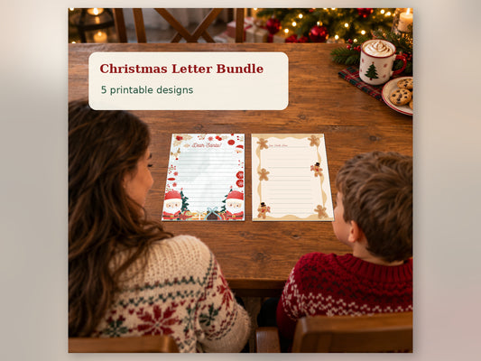 Mother and child viewing two printable Christmas letters to Santa