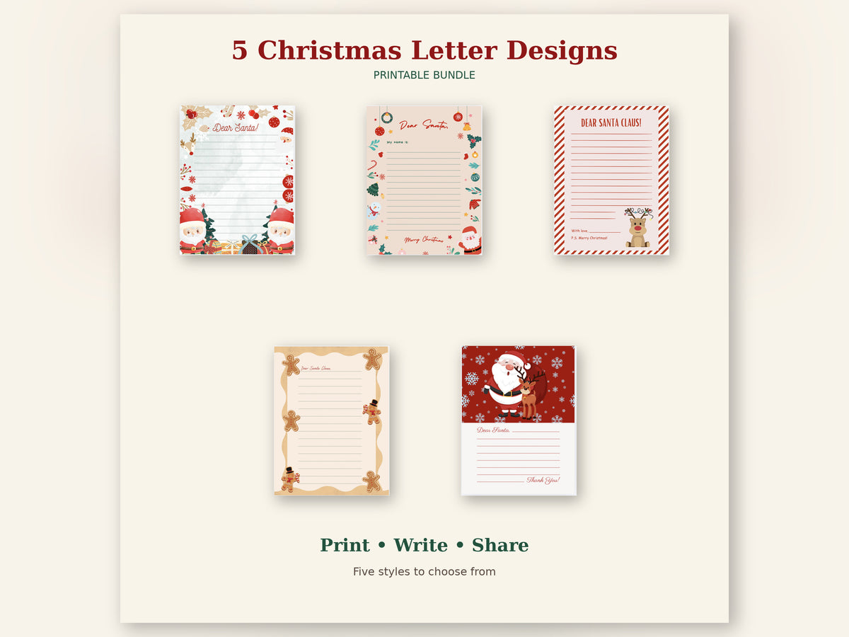Five printable Christmas letter to Santa designs in a digital bundle