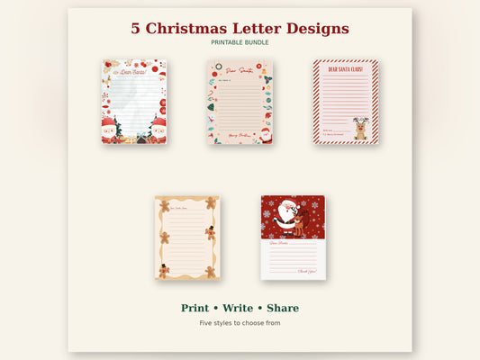 Five printable Christmas letter to Santa designs in a digital bundle