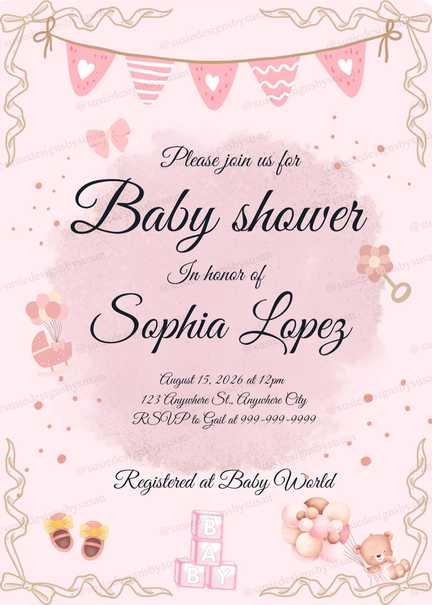 Digital productEditable Baby Shower Invitation Template Girl | Pink Baby Shower Invite Canva Template | Instant Download Baby Girl Invitation