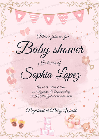 Digital productEditable Baby Shower Invitation Template Girl | Pink Baby Shower Invite Canva Template | Instant Download Baby Girl Invitation