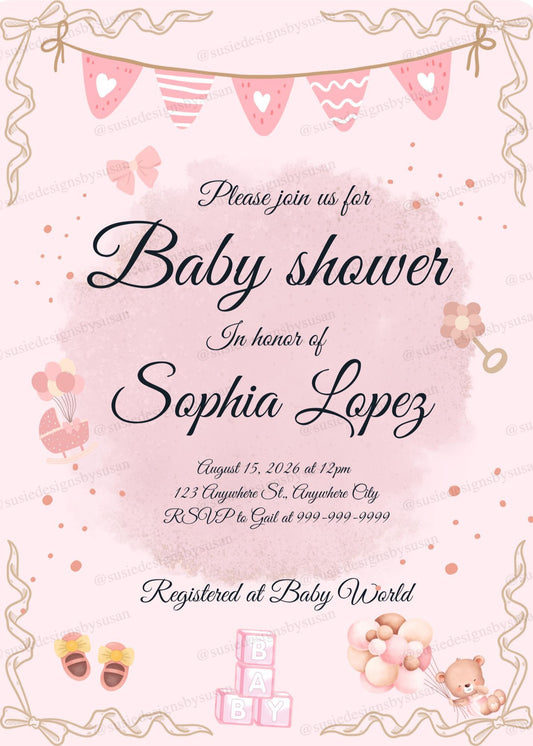 Digital productEditable Baby Shower Invitation Template Girl | Pink Baby Shower Invite Canva Template | Instant Download Baby Girl Invitation