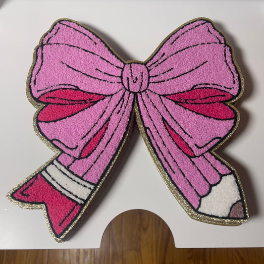 press on patch with commercial heat press chenille bow with pencil design