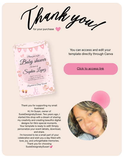 Digital productEditable Baby Shower Invitation Template Girl | Pink Baby Shower Invite Canva Template | Instant Download Baby Girl Invitation