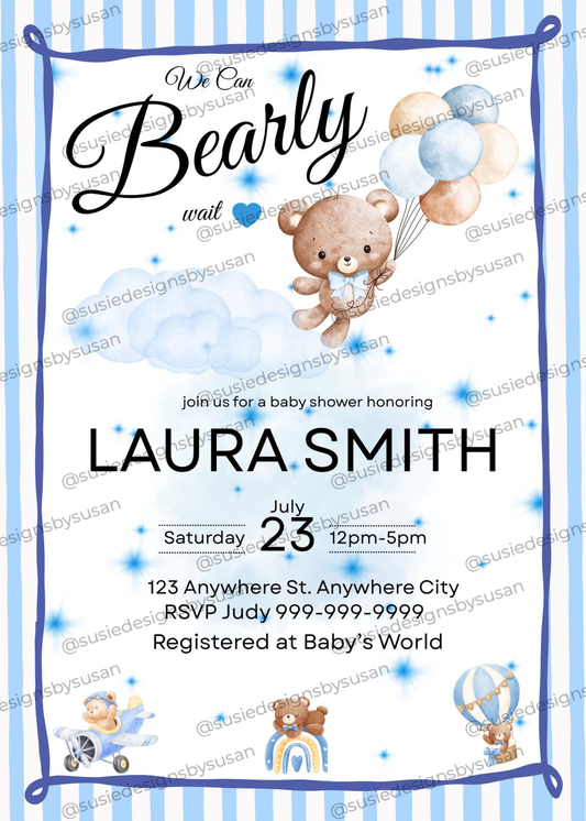 Editable Teddy Bear Baby Shower Invitation | We Can Bearly Wait Baby Boy Shower Invite | Blue Bear Baby Shower Template | Canva Pro