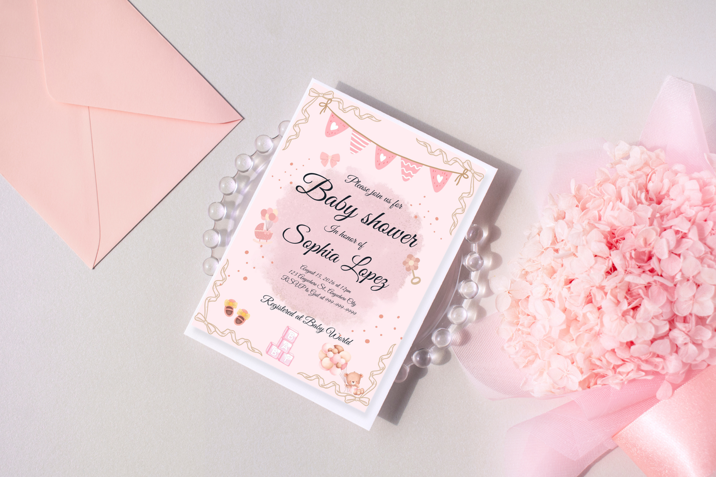 Digital productEditable Baby Shower Invitation Template Girl | Pink Baby Shower Invite Canva Template | Instant Download Baby Girl Invitation